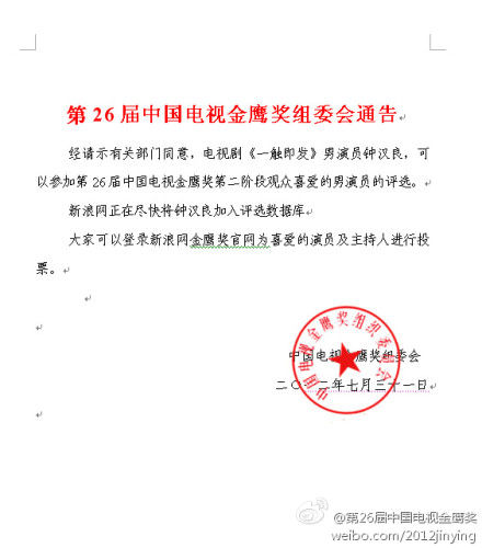 金鷹獎(jiǎng)官方微博公告